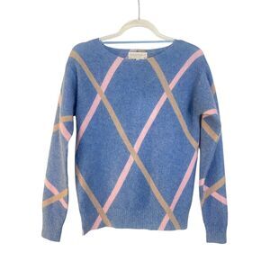 Bianco & Blu Italian Mohair Wool Blend Argyle Knit Sweater Pink Blue Tan Size S